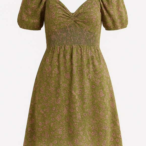Japna Womens Olive/Pink Floral Print Puff Sleeve Dress - Size XL - Picture 2 of 9